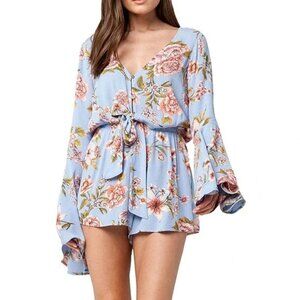 Billabong Sittin Pretty Balletcore Baby‎ Blue Floral Bell Sleeve Romper